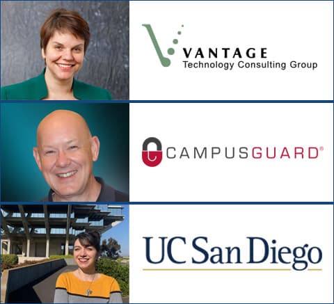 Collage featuring event panelists Joanna Grama of Vanguard Technology Consulting Group; Brent Hobby of Campus Guard; and Pegah Parsi, University of California San Diego Privacy Officer 