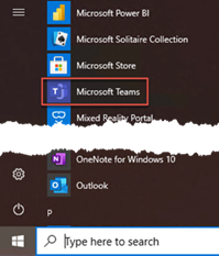 The Start Menu in Windows 10. The App listing for Microsoft Teams is outlined in red.