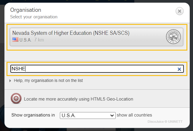 A screenshot of the "Organisation" dialog box from the eduroam website. A search bar is hightlighted and populated with the text "NSHE". Above the search bar is a button that reads "Nevada System of Higher Education (NSHE SA/SCS)".s