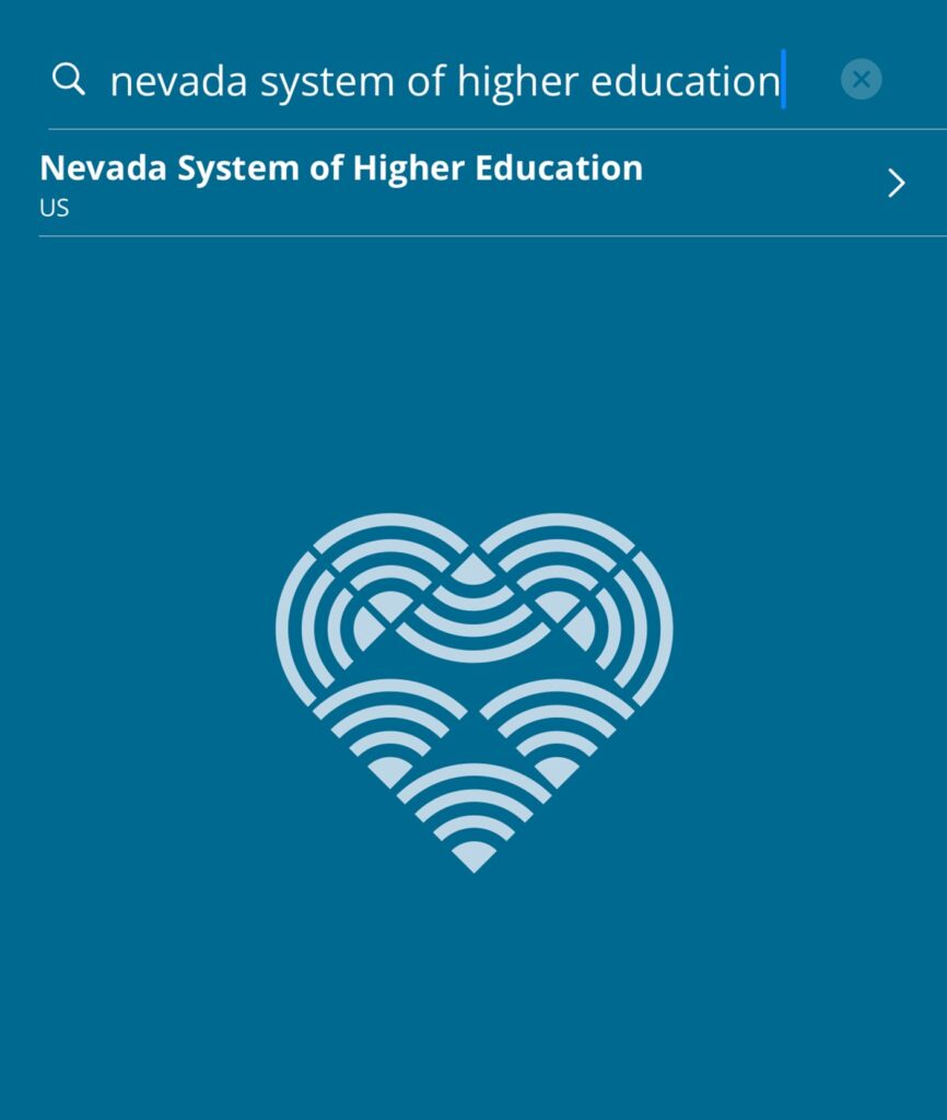 A screenshot of the geteduroam app taken from a mobile phone. The text "nevada system of higher education" has been entered into a search field.