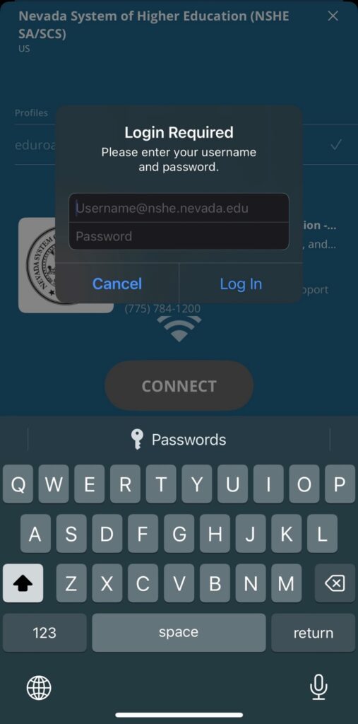 A screenshot of the geteduroam app taken from a mobile phone. A login prompt is superimposed over the standard interface. 