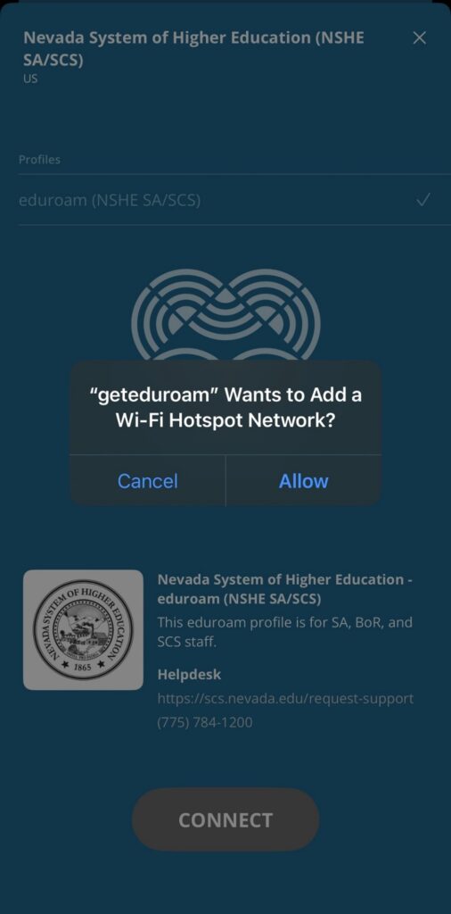 A screenshot of the geteduroam app taken from a mobile phone. A prominent dialog box in the interface poses the question "geteduroam Wants to Add a Wi-Fi Hotspot Network?". "Cancel", and "Allow" are the available responses.